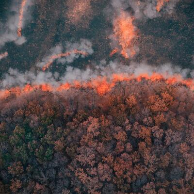 An aerial view of a wildfire burning in a forest