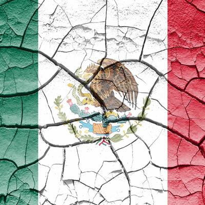 The Mexican flag with cracks as if it were made of drought-stricken soil