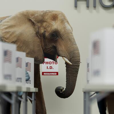 An elephant enters a room filled with ballot boxes