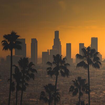 The Los Angeles skyline with an orange hue from wildfires