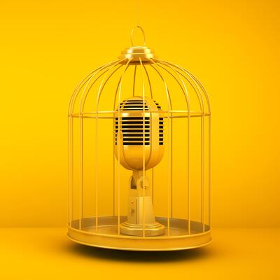 A golden microphone in a birdcage