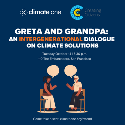 Illustration of two people in dialogue, Climat One and Creating Citizens logo with event title