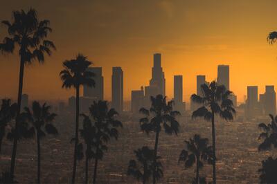 The Los Angeles skyline with an orange hue from wildfires